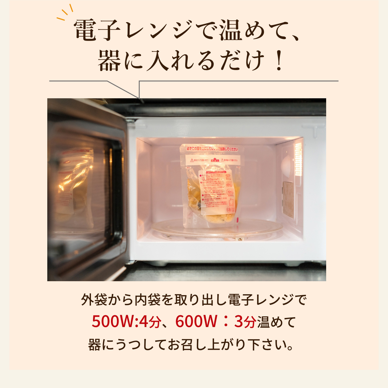 電子レンジで温めて、器に入れるだけ！