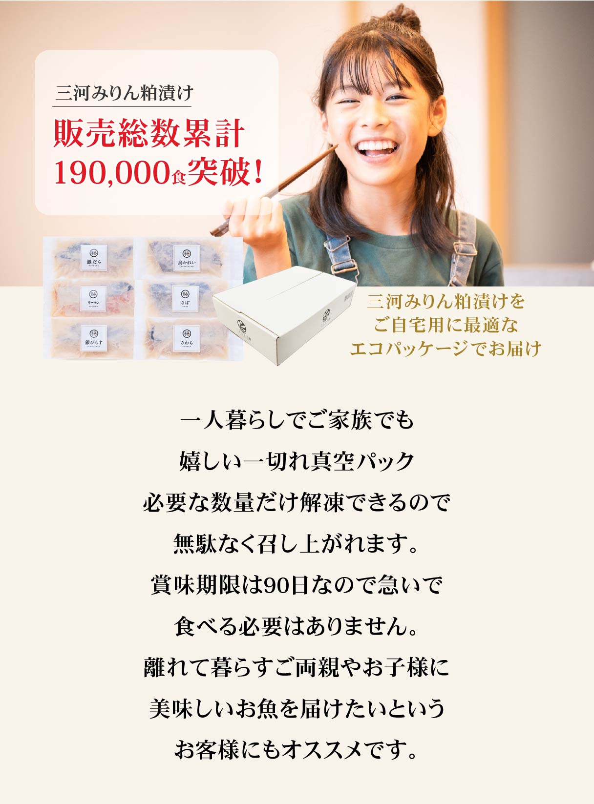 販売総数累計190,000食突破!!
三河みりん粕漬けをご自宅用に最適なエコパッケージでお届け